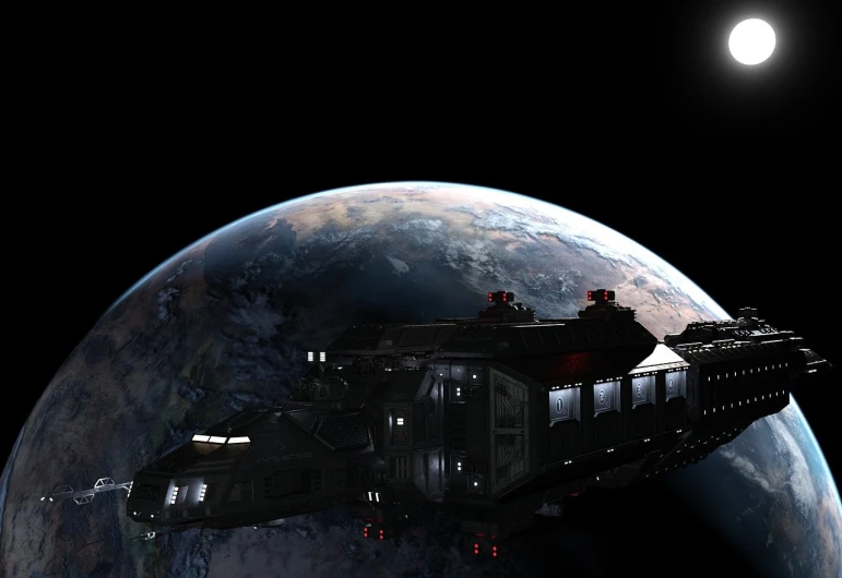 a spaceship flying over a planet with a moon in the background, a 3D render, terran trade authority, high definition screenshot, nostromo, high res render