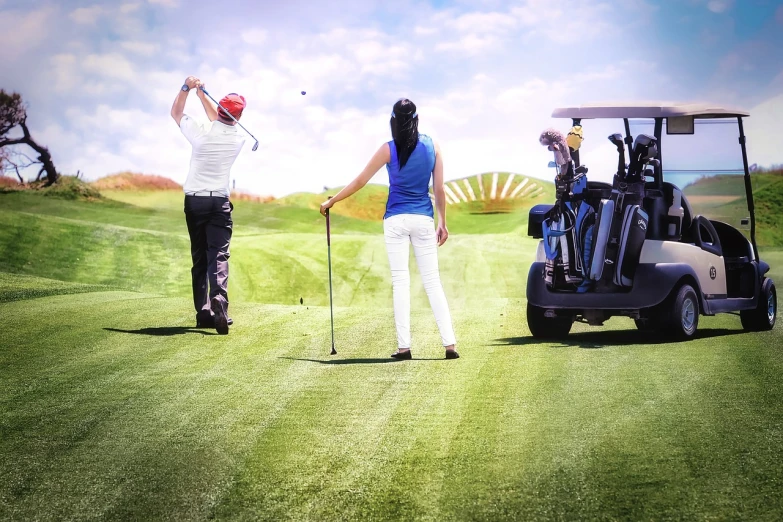 a couple of people playing a game of golf, a digital rendering, by Douglas Shuler, shutterstock, car shot, group photo, instagram photo, stock photo