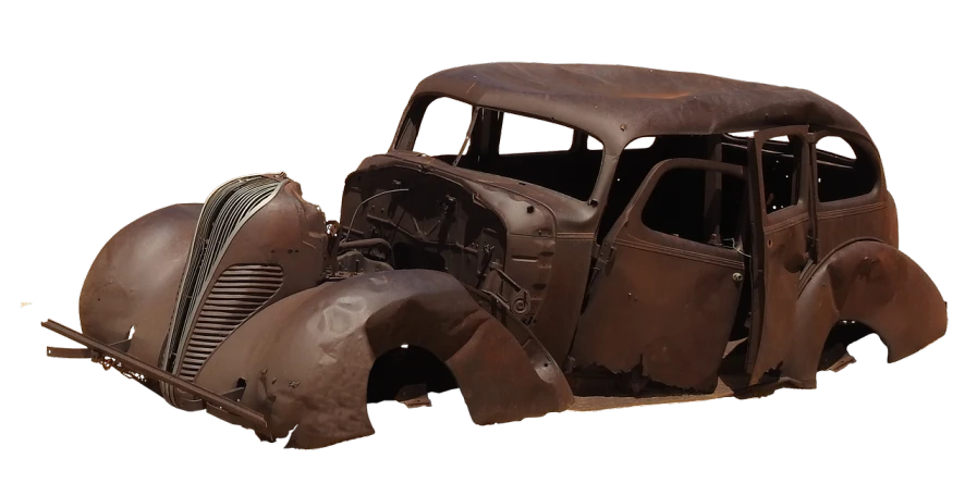 an old rusted car on a black background, a colorized photo, by Murray Tinkelman, digital art, detailed body structure, taken in the early 2020s, photoscan, 1940s