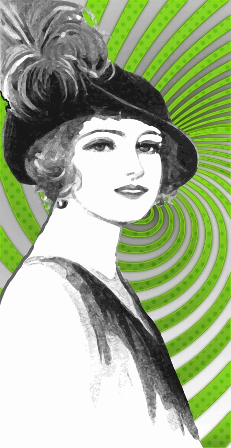 a black and white drawing of a woman in a hat, vector art, inspired by Coles Phillips, trending on pixabay, op art, an elegant green, conjuring psychedelic background, mary louise brooks 2 0 years old, colorized pencil