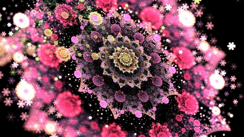 a computer generated image of flowers and snowflakes, a microscopic photo, inspired by Benoit B. Mandelbrot, flickr, psychedelic art, dyson sphere program pink planet, cosmic lsd poster art, cyberpunk pincushion lens effect, encrusted with jewels