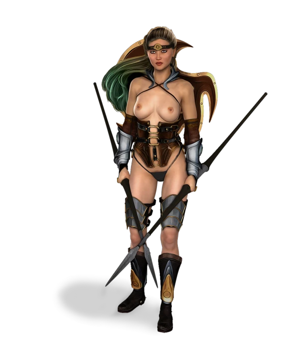 a woman dressed in armor holding two swords, fantasy art, realistic shaded perfect body, bronze skin, robin, depicted as a 3 d render