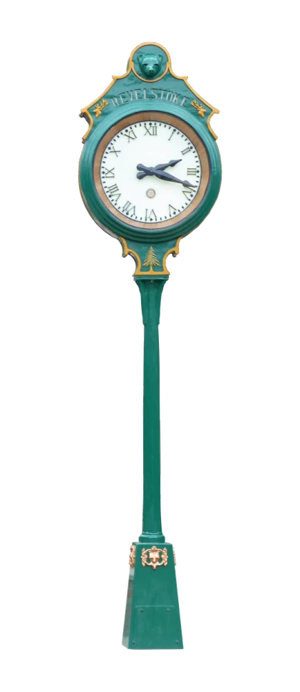 a green clock sitting on top of a green pole, a digital rendering, by John Ellsworth Weis, folk art, 1128x191 resolution, spoon, late 1 9 th century, -w 1024