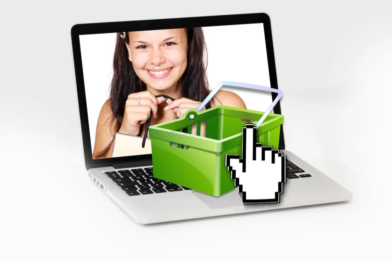 a woman holding a shopping basket in front of a laptop, a stock photo, by Kurt Roesch, pixabay, dslr photo of a pretty teen girl, highly detailed product photo, facebook profile picture, high resolution product photo