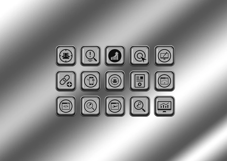 a bunch of buttons sitting on top of a metal surface, a wireframe diagram, trending on pixabay, computer art, icon black and white, stainless steel, on simple background, pc screen image