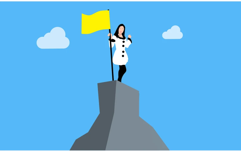 a woman holding a yellow flag on top of a mountain, a cartoon, inspired by Marina Abramović, conceptual art, wikihow illustration