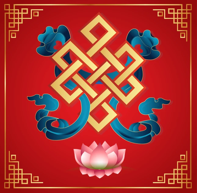 a chinese knot with a lotus flower on a red background, vector art, leviathan cross, poster illustration, sweden, beautiful composition