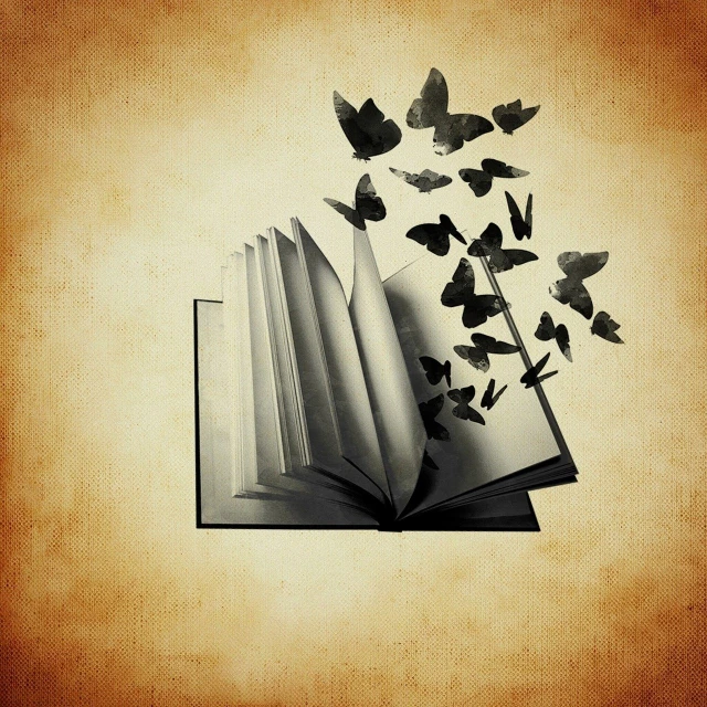 an open book with butterflies flying out of it, conceptual art, old style photo, high res photo, 1940s photo