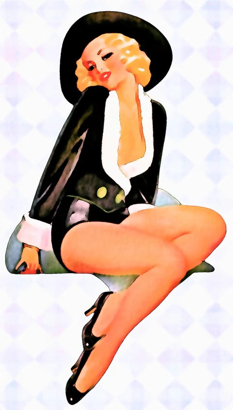 a painting of a woman sitting on top of a suitcase, digital art, inspired by Alberto Vargas, pixiv, pop art, tuxedo, motoko kusanagi, closeup!!, french maid