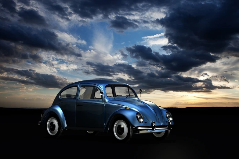 a blue car parked in a field under a cloudy sky, pixabay contest winner, retrofuturism, horned beetle, soft evening lighting, with sleek lines and a powerful, dusk light