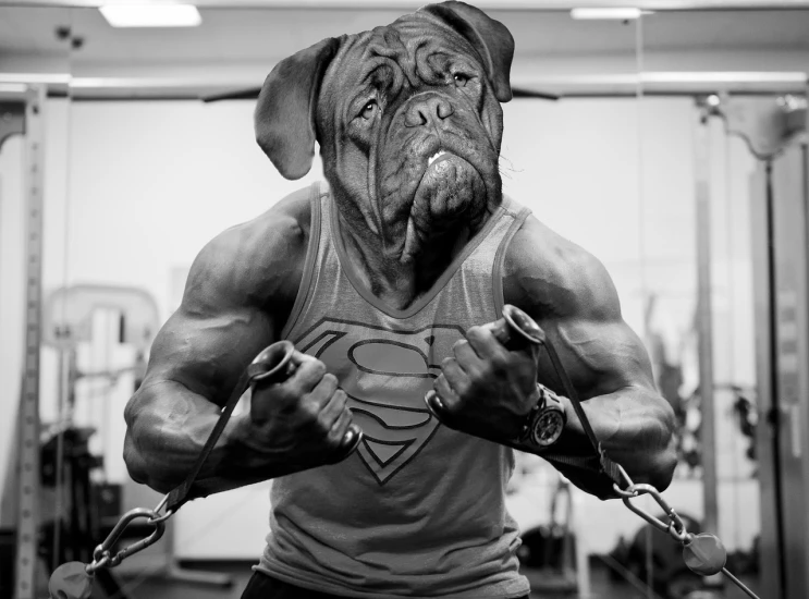 a black and white photo of a dog in a gym, a portrait, by Sebastian Spreng, gabe newell as a superman, extreme muscles, chrome face symmetry, goron brute