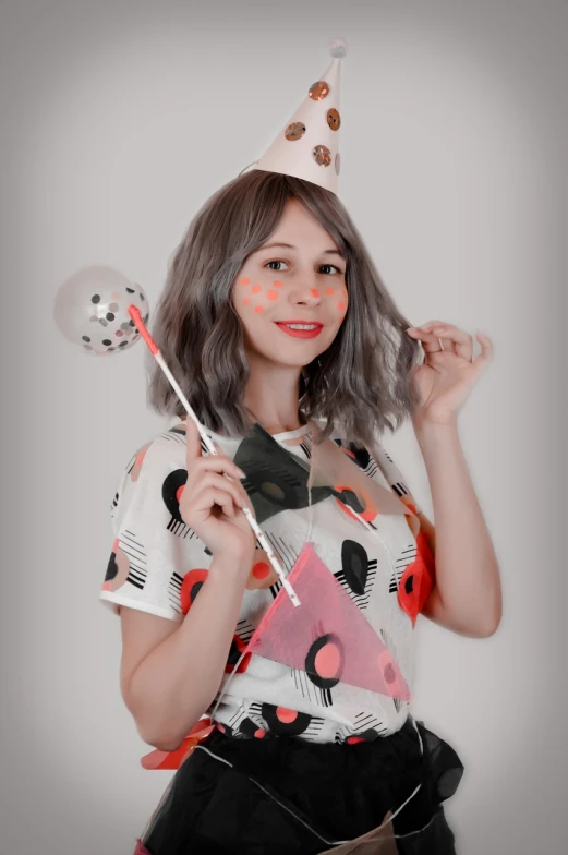 a woman wearing a party hat and holding balloons, inspired by Edo Murtić, gray color, peach and goma style, lollipops, product introduction photo