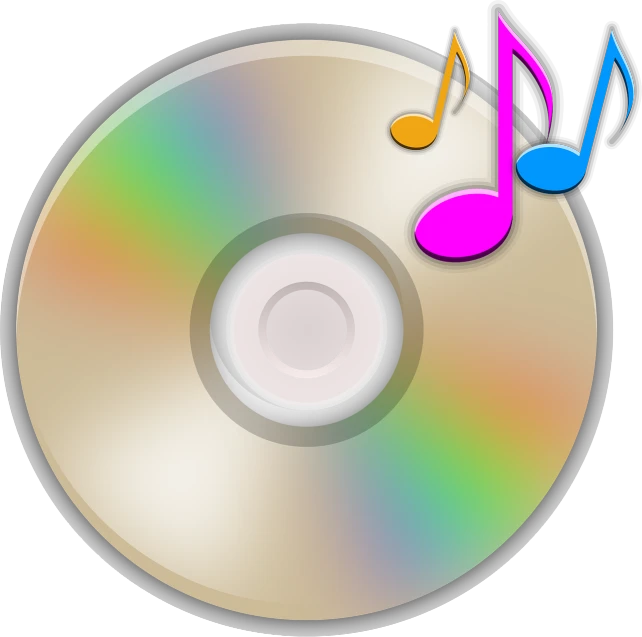 a cd with music notes sticking out of it, computer art, full color illustration, beginner, audio equipments, metallic