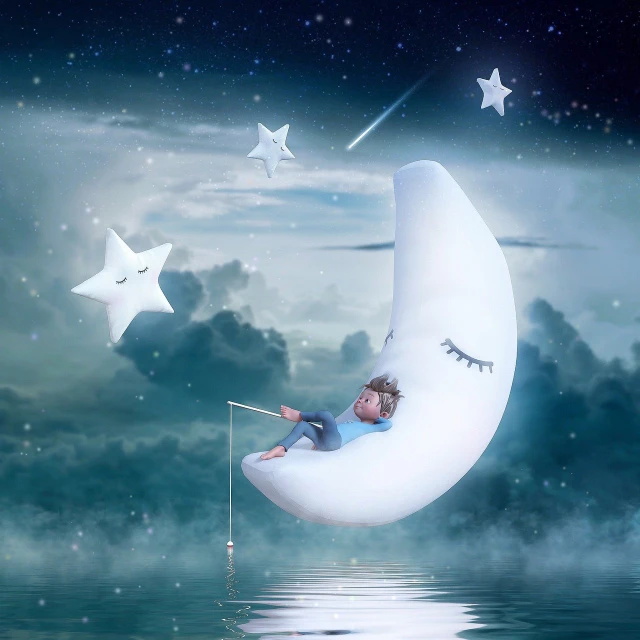 a little boy that is sitting on a moon, digital art, sleep with love, professional photo, stars reflecting on the water, fantasy. gondola boat