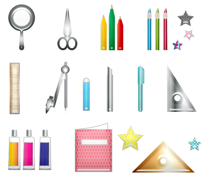 a collection of school supplies on a black background, by Anna Findlay, computer art, diamonds and scissors, icon pack, cutie, metallic