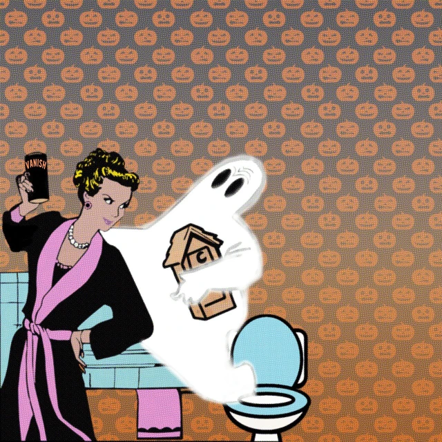 a woman standing next to a toilet in a bathroom, a cartoon, pop art, halloween wallpaper with ghosts, carrying a bottle of perfume, high res, good housekeeping