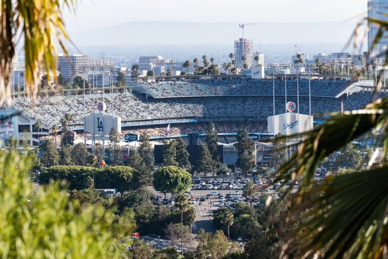 a view of a baseball stadium from the top of a hill, by Leo Michelson, shutterstock, los angeles 2 0 1 5, 8k 50mm iso 10, stock photo, holiday season