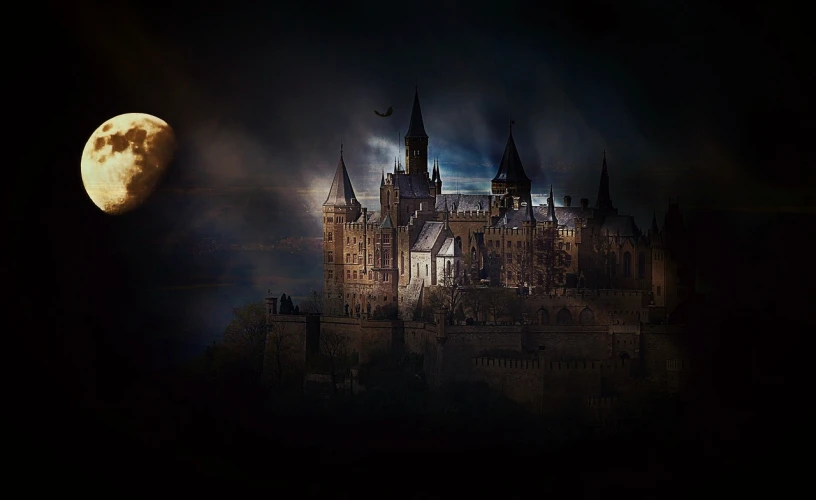a castle with a full moon in the background, by Eugeniusz Zak, pixabay contest winner, gothic art, germany. wide shot, hogwarts legacy, low-key, cover shot