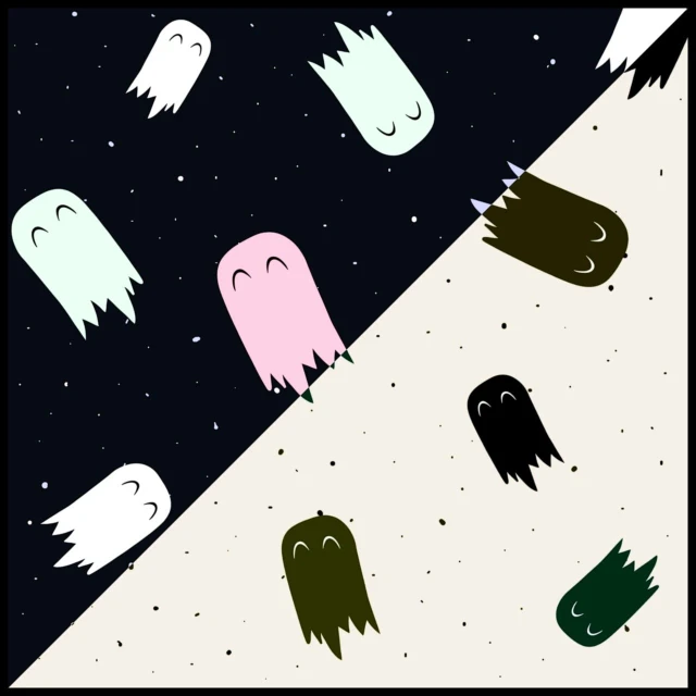 a group of ghosts standing next to each other, inspired by Chiho Aoshima, conceptual art, space background, simple and clean illustration, the crawling chaos, pacman