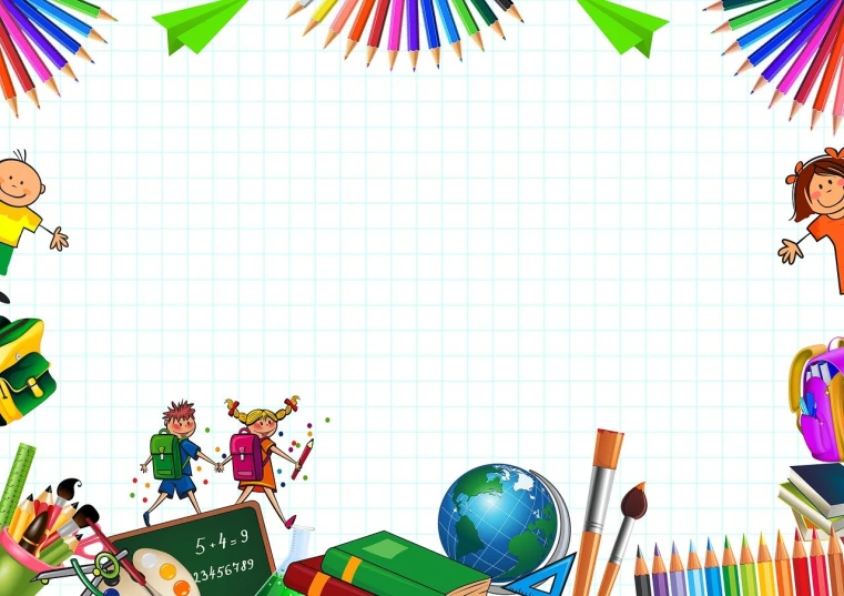 a group of children with school supplies around them, a child's drawing, by Joseph Raphael, trending on pixabay, danube school, colorful anime movie background, corners, background is white and blank, 1128x191 resolution
