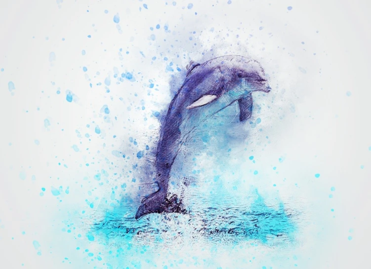 a painting of a dolphin jumping out of the water, a watercolor painting, by david rubín, shutterstock, visual art, on a pale background, painting style, blurred and dreamy illustration, textless