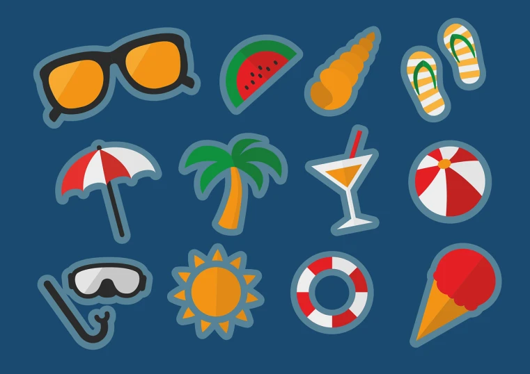 a bunch of stickers sitting on top of a blue surface, a cartoon, by Carey Morris, shutterstock, tropical climate, sun glasses, spritesheet, on a dark background