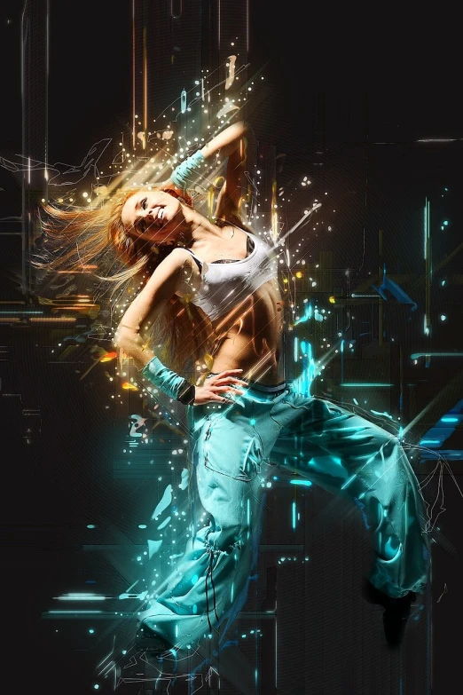 a woman dancing with her hair blowing in the wind, digital art, cgsociety contest winner, digital art, neon motion, breakdancing, particle effects, photoshop collage