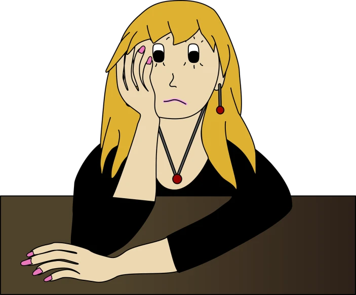 a woman sitting at a table with her hand on her face, a cartoon, inspired by INO, pixabay, tired and haunted expression, a girl with blonde hair, on a flat color black background, wikihow illustration