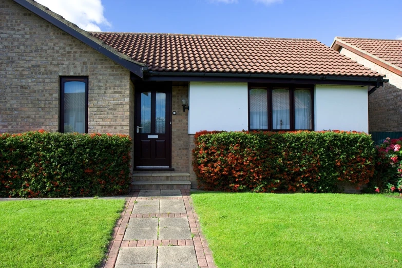 a house with a brick walkway in front of it, by John Henderson, pixabay, turf roof, with soft bushes, an estate agent listing photo, single floor