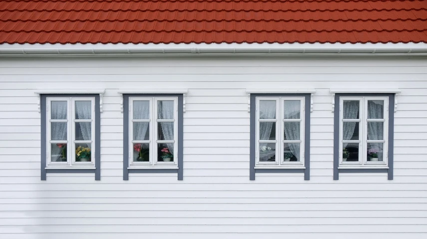 a white house with three windows and a red roof, by Roar Kjernstad, unsplash, benjamin vnuk, white panels, craftsman home, home display