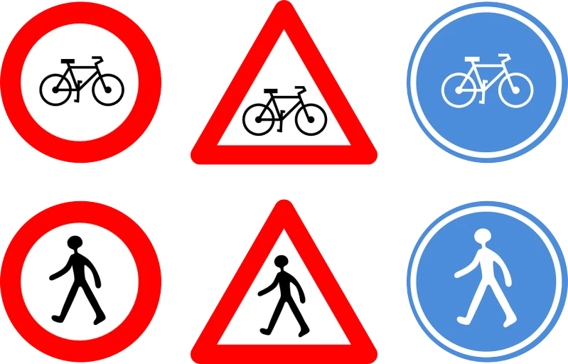 a number of road signs on a white background, a picture, pixabay, figuration libre, bicycle in background, blue and red, james collinson, no - text no - logo
