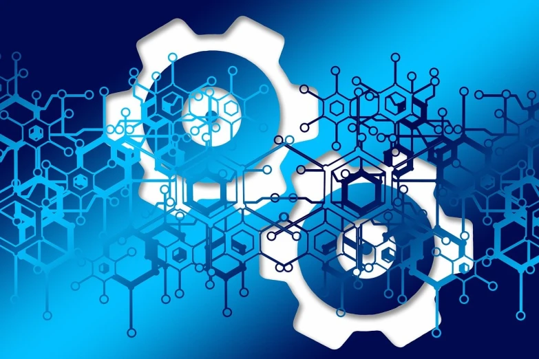 a close up of a gear wheel on a blue background, pixabay, digital art, detailed chemical diagram, hexagonal, !!! very coherent!!! vector art, floating molecules