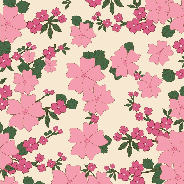 a pattern of pink flowers and green leaves, vector art, inspired by Katsushika Ōi, 🌸 🌼 💮, vintage colours 1 9 5 0 s, style of jojolion cover art, cherry blossom background