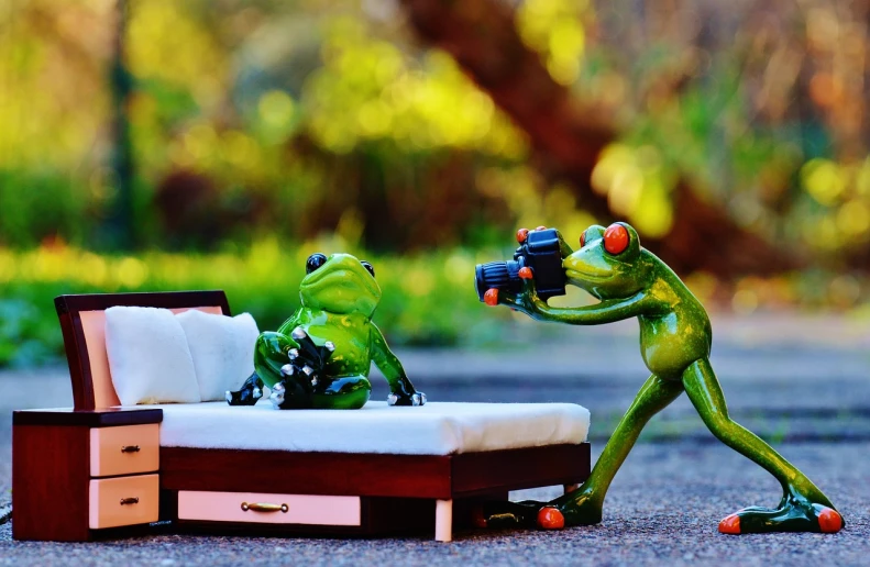 a couple of figurines sitting on top of a bed, a picture, by Ivan Grohar, pixabay contest winner, peepo the frog!!!, battle action shot, having fun in the sun, taking a picture