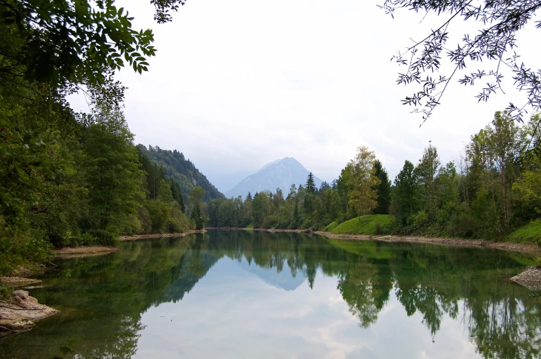 a large body of water surrounded by trees, a picture, by Erwin Bowien, shutterstock, jin shan, nice slight overcast weather, reflected in giant mirror, bad photo