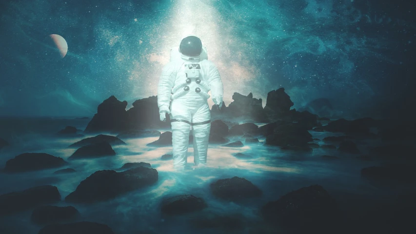 an astronaut standing in the middle of a rocky area, inspired by Cyril Rolando, lost photo, standing in shallow water, moonwalker photo, stylized photo