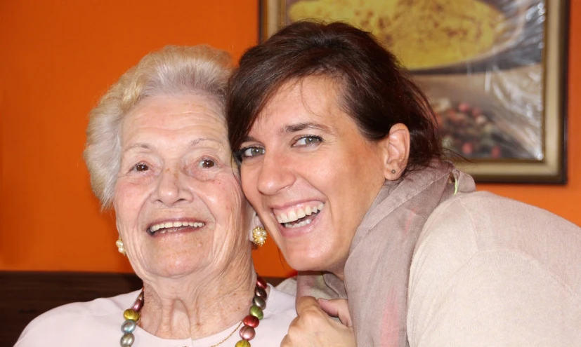 a couple of women standing next to each other, a picture, pexels, dada, nursing home, 1024x1024, portrait of a smiling, portrait c 1 2. 0