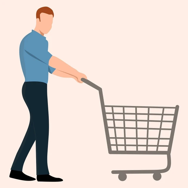 a man pushing a shopping cart, an illustration of, figuration libre, minimalistic illustration, on a pale background, full color illustration, smooth design