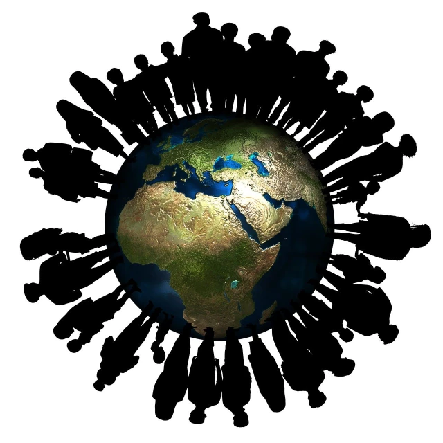 a group of people standing around a globe, a photo, by Kurt Roesch, pixabay, conceptual art, drop shadow, fractal human silhouette, [ overhead view ]!!, ethnic group