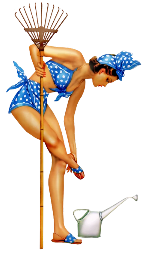 a pin up girl leaning over a watering can, a digital rendering, flickr, pole dancing, blue bikini, sarong, gogo : :