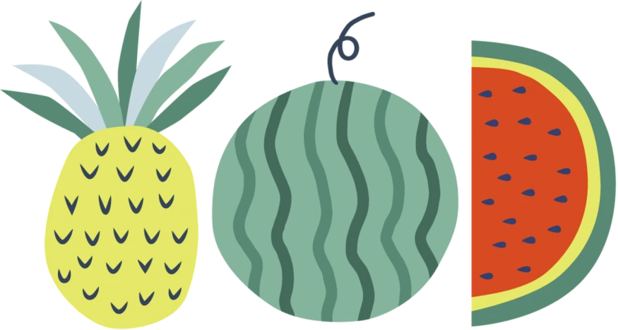 three pieces of watermelon, a pineapple, and a watermelon, a digital rendering, inspired by Masamitsu Ōta, website banner, markers, various items, laura watson