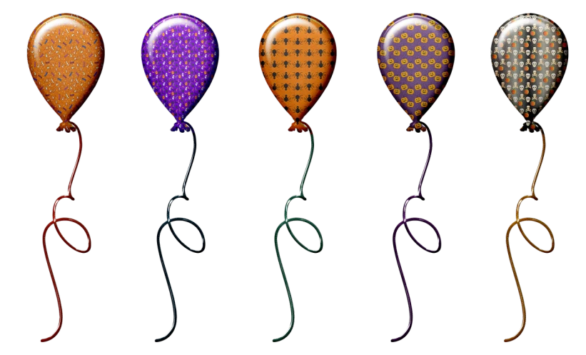 a group of balloons sitting next to each other, a digital rendering, kinetic pointillism, lighting path traced, bright on black, orange and purple color scheme, glossy reflections