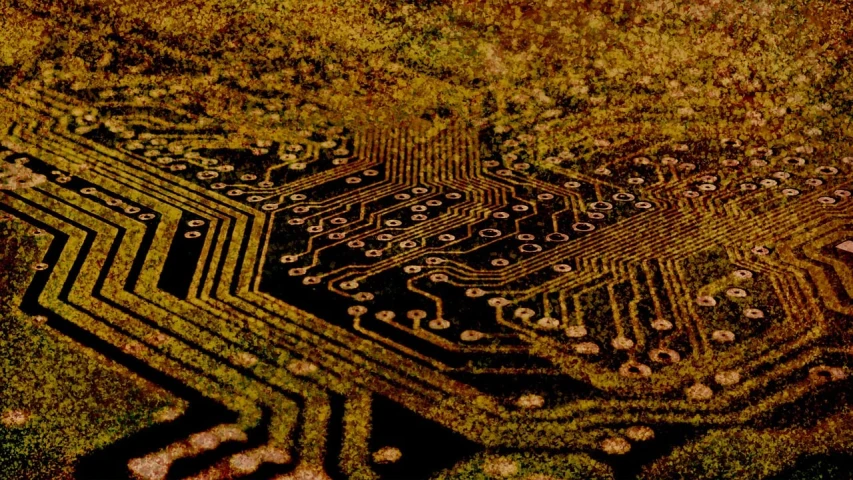 a close up of a computer circuit board, a macro photograph, by Susan Heidi, computer art, digital art - w 640, carpet, sepia, quantum computing