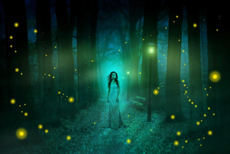a woman standing in the middle of a forest at night, digital art, pixabay contest winner, glowing fireflies, ancient fairy dust, teal lights, green witch walking her garden