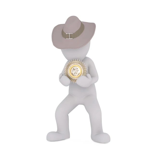a person wearing a hat and holding a clock, a raytraced image, sheriff and cowboy, coin, pudica pose gesture, trending ，