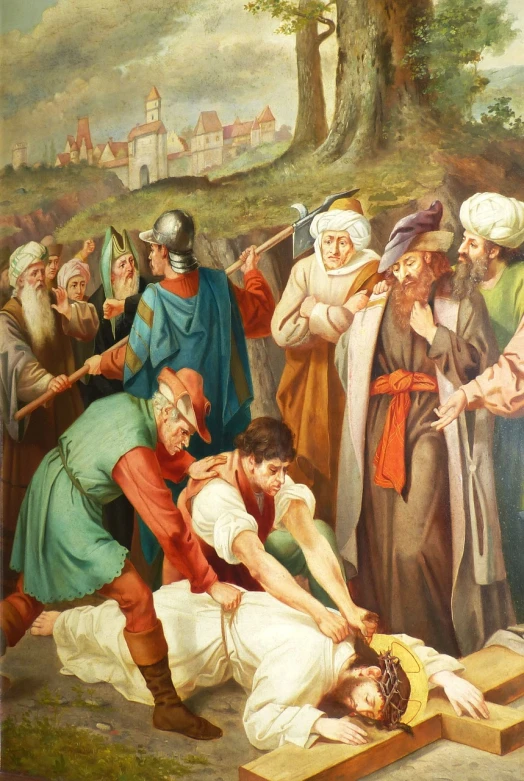 a painting of a man being nailed to a cross, by Julian Fałat, shutterstock, detmold charles maurice, martyrdom, panorama, detail on scene