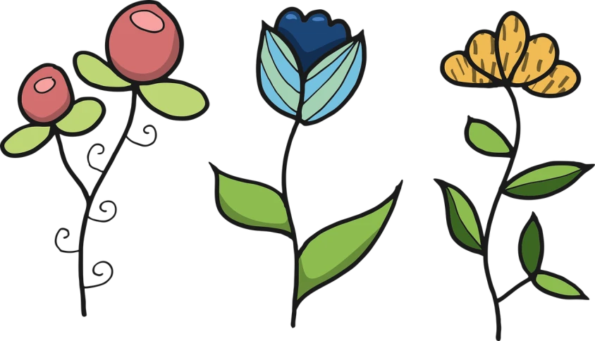 three different colored flowers on a black background, inspired by Mary Blair, pixabay, black blue green, header, cartoon, stems