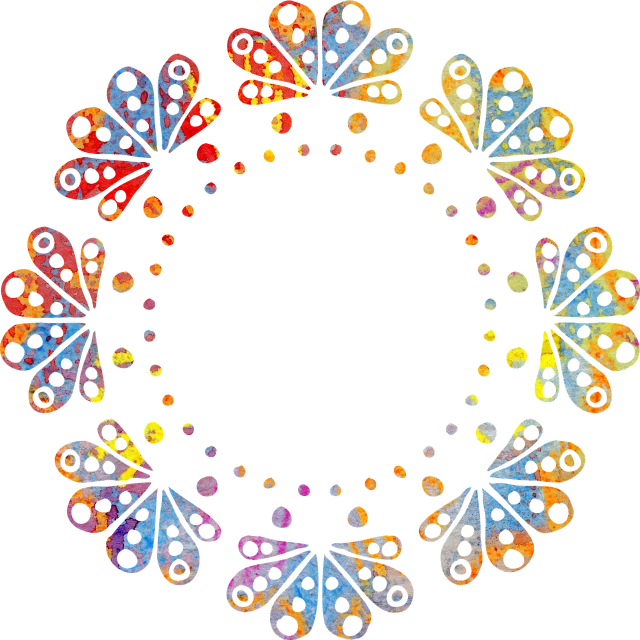 a circle of colorful butterflies on a black background, inspired by Kagaku Murakami, pointillism, flower frame, けもの, dot gradient, flowers. baroque elements