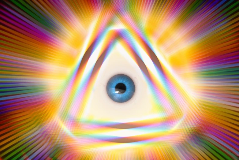 a triangle with an eye inside of it, inspired by Gabriel Dawe, abstract illusionism, stock photo, bright glowing eyes as leds, lsd waves, eye of providence
