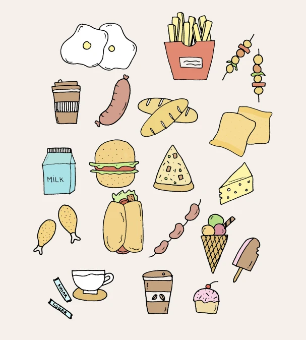 a variety of food items arranged in a circle, a picture, realism, comic drawing style, pastel coloring, collection, morning time